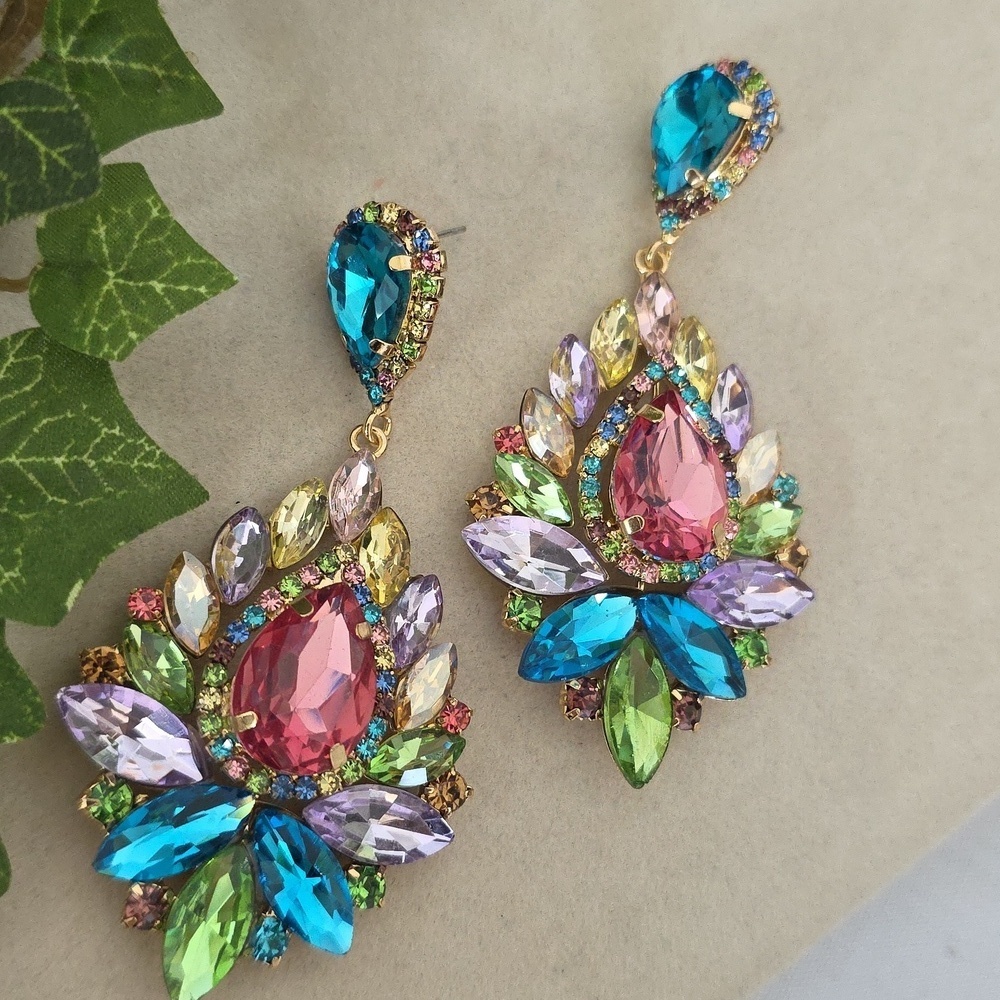Statment Teardrop Drop Earrings Gold with Pastel Multi Color